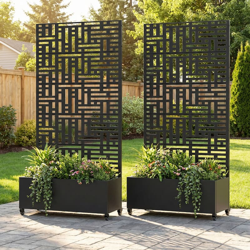 Metal Planter Box with Trellis Privacy Screen Planter Box with Lockable Wheels Set of 2