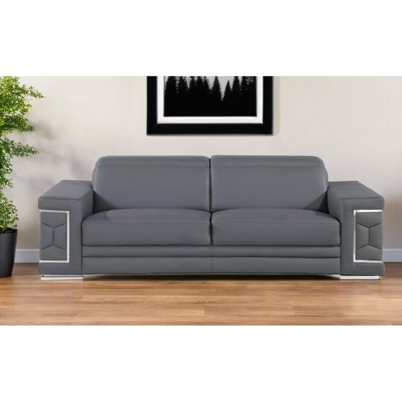 HomeRoots 89" Gray Leather Sofa With Silver Legs - Grey