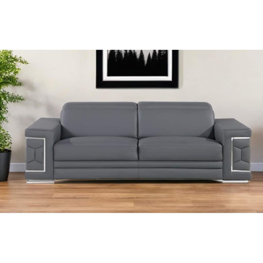 HomeRoots 89" Gray Leather Sofa With Silver Legs
