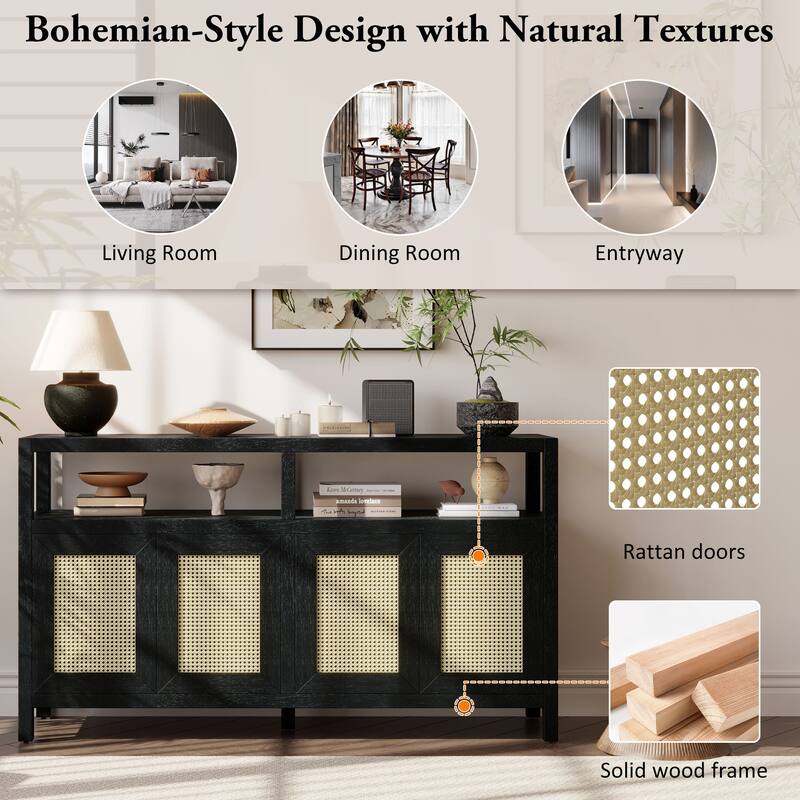 Bohemian Style Rattan Buffet Storage Cabinet with 3-Position Adjustable Shelves and Solid Wood Frame, for Dining Room, Black