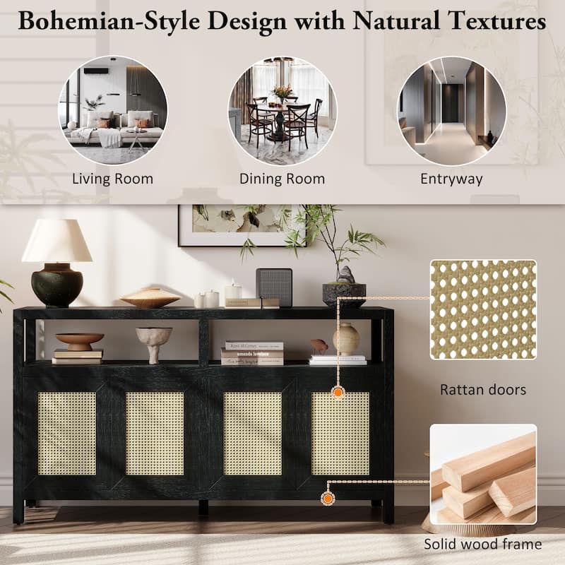 Roomfitters Bohemian Rattan Buffet Cabinet with Solid Wood Frame, Sideboard with Adjustable Shelves, Push-to-Open Design
