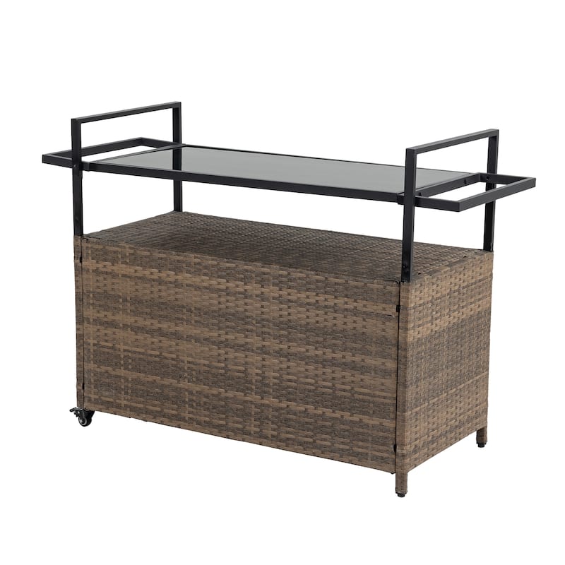 Outdoor Patio Wicker Bar Cart with Storage Cabinet and Glass Top, Rolling Rattan Beverage Bar Table w/360掳 Wheels & Open Shelve