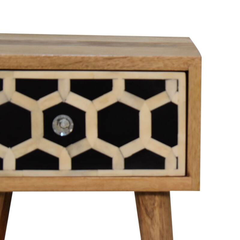 HomeRoots 20" Black White And Brown Solid Wood Geometric Bone Inlay One Drawer Nightstand