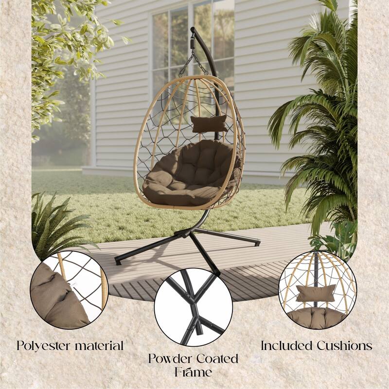 Summit Hanging Egg Swing Chair with Brown Frame & Foldable Shell for Home Patio Garden Backyard Porch