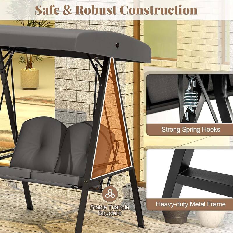 2-Person Porch Swing Outdoor Loveseat Swing w/ Canopy & Metal Frame