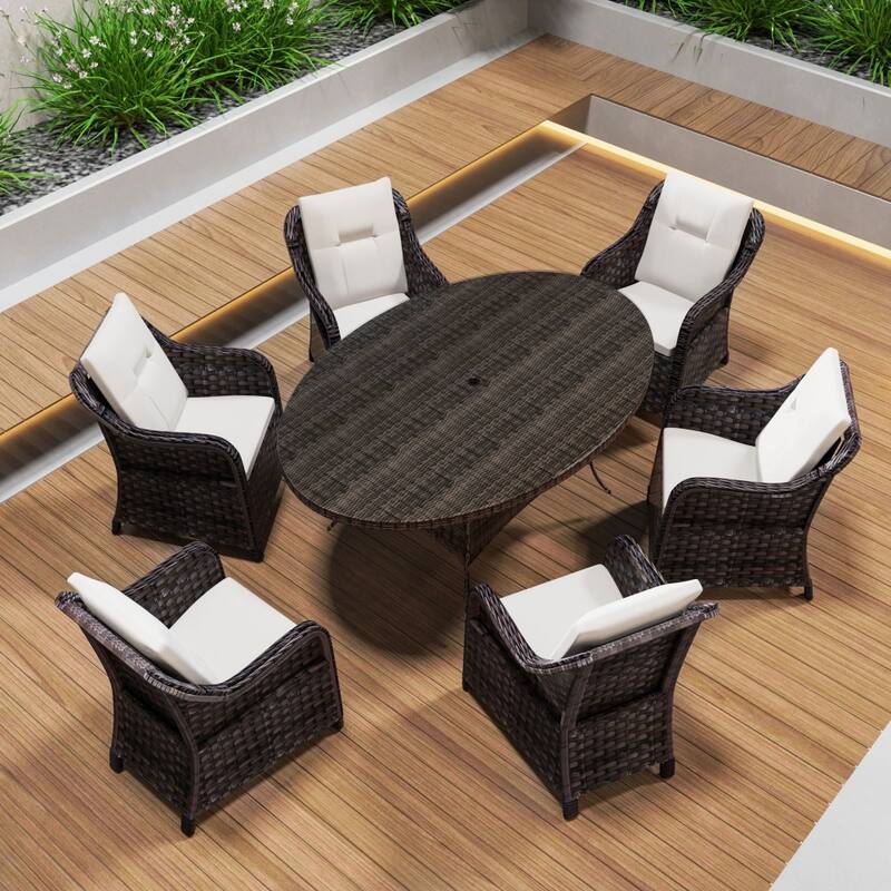 Outdoor Patio Garden Dining Set with Oval Table and 6 Wicker Chairs