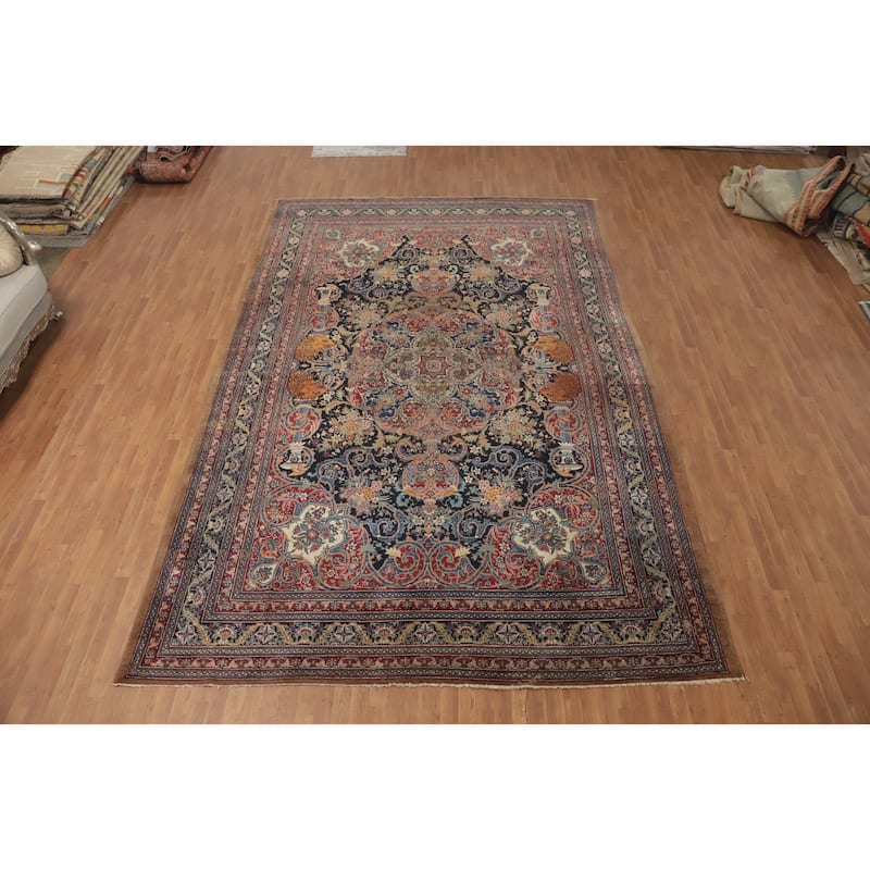 Hand Knotted Oriental 100% Wool Carpet Traditional Floral Navy Blue & Blues Kashmar Area Rug - 15' 7'' X 10' 1''