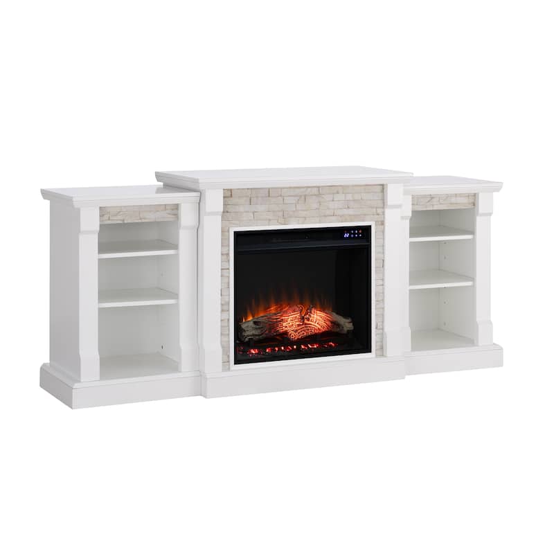 SEI Furniture Remote Controlled LED Electric Fireplace with Mantel in White Stone and Storage