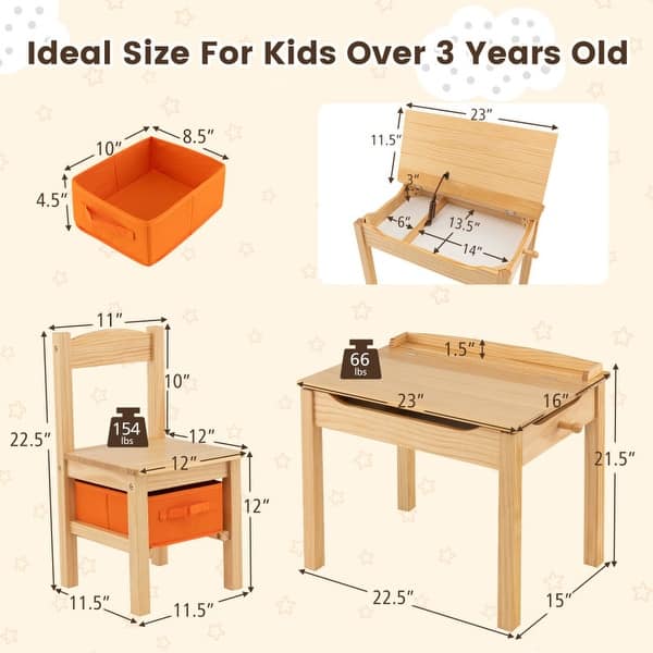 dimension image slide 3 of 4, Multifunctional Kids Table and Chairs with Storage Space - 23" x 16" x 21.5"(L x W x H)