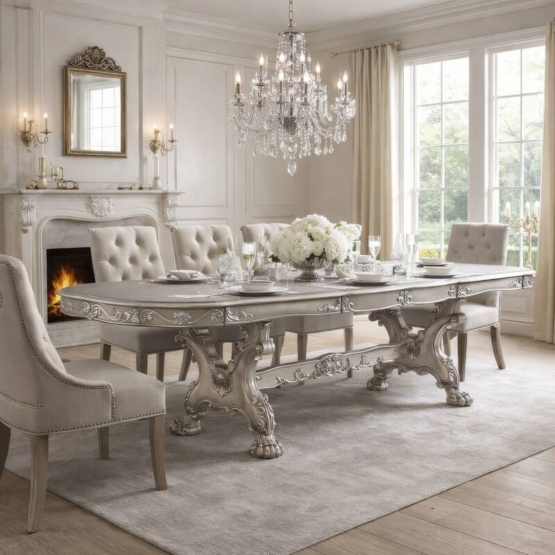 Dining Table with Scrolled Motifs and Claw Feet, Silver