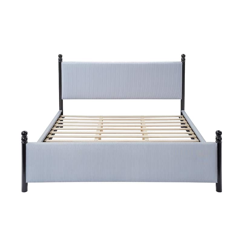 Christopher Knight Home - Modern Striped Upholstered Wood Bed Frame with High Padded Headboard & Soundproofed