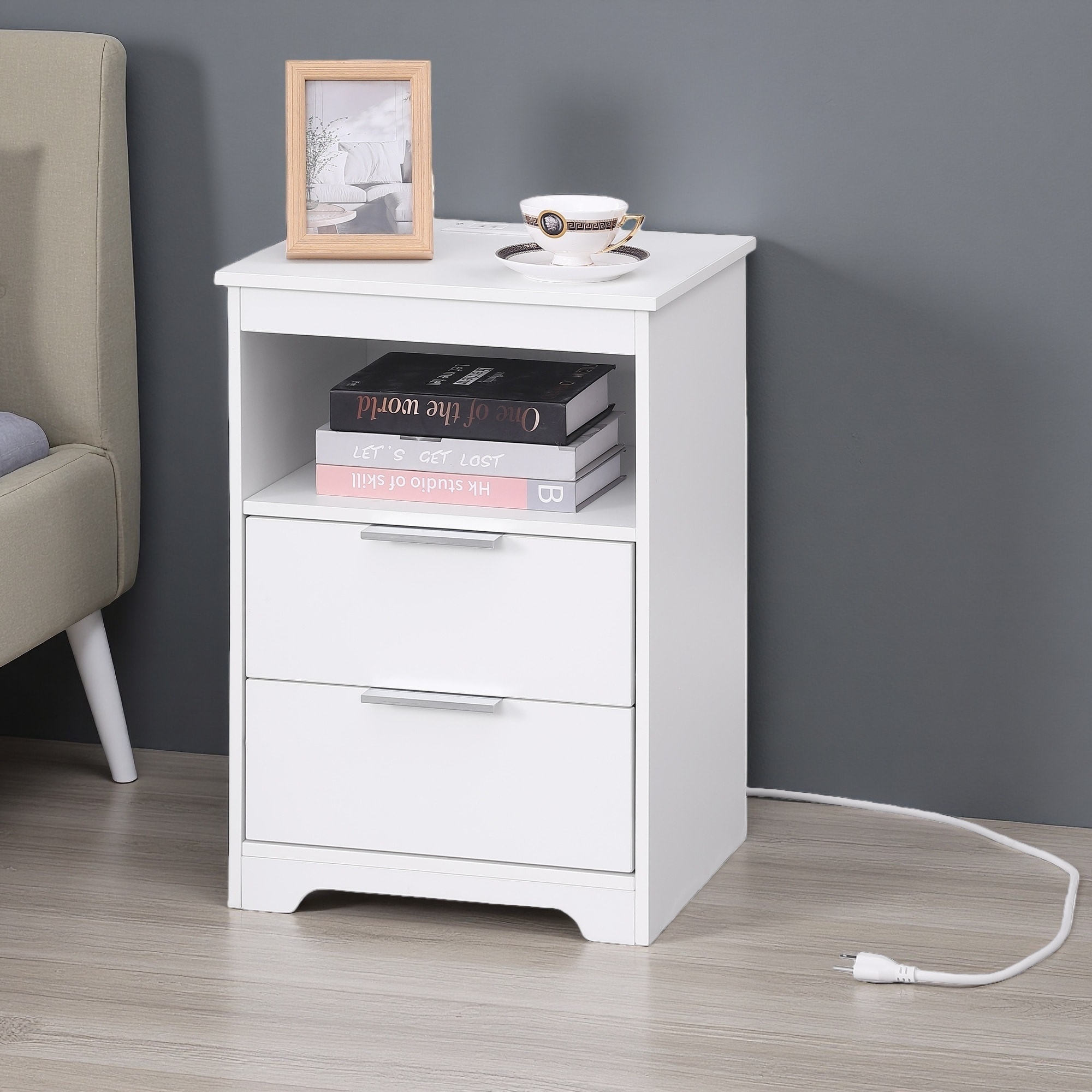 15.7"L Wooden Nightstand with Charging Station, 2 Drawers & Open Shelf, Modern End Table for Bedroom or Living Room