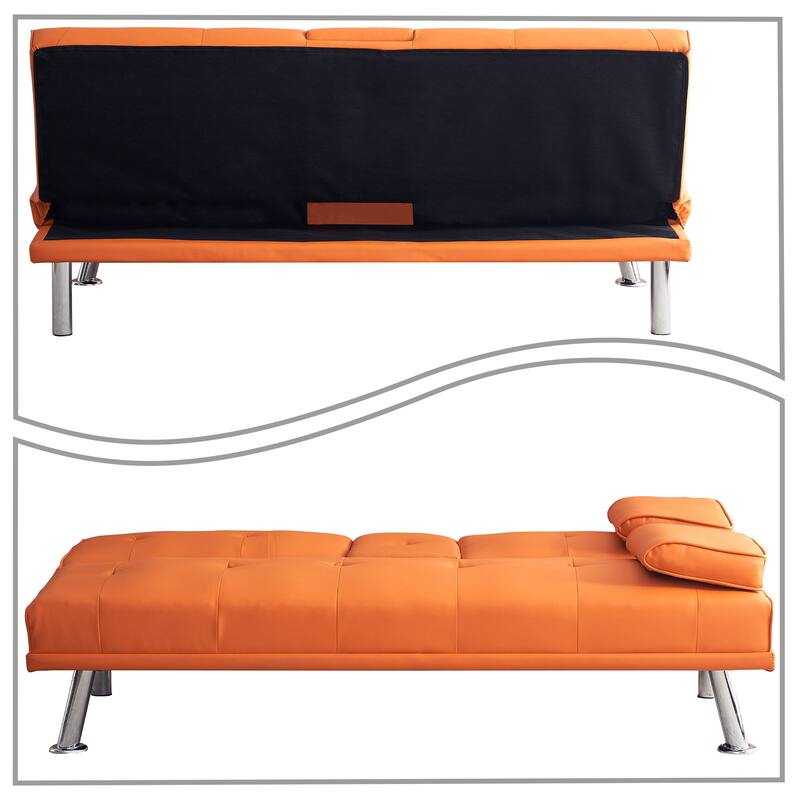 Classic PVC Leather Upholstered Convertible Futo Sofa Bed with Cup Holders