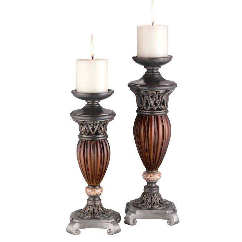HomeRoots Set Of Two Bronze and Brown Tabletop Pillar Candle Holders
