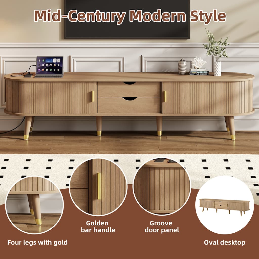Wooden Oval TV Stand with Charging Station for TV up to 80", Fluted Sliding Tambour Door TV Cabinet Media Console, Natural