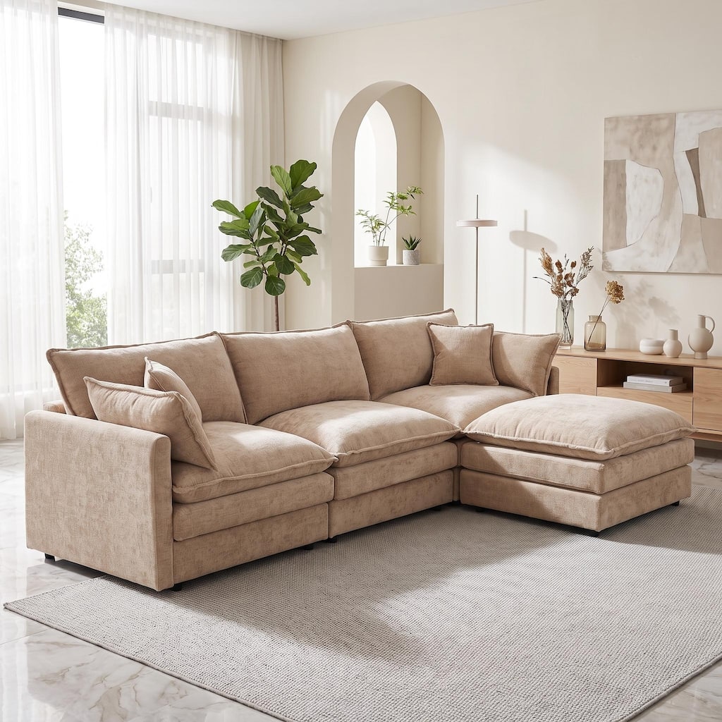 GDFStudio - 102" Solid Wood Frame Chenille 3-Seat L-Shaped Modular Cloud Sofa with Movable DIY Ottoman
