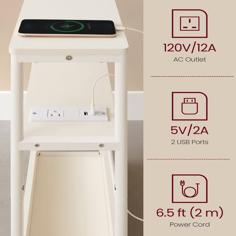 Space-Saving End Table with 3 Storage Shelves and Built-In Charging Station and Stable Steel Frame - 7.1"D x 17.7"W x 22.8"H