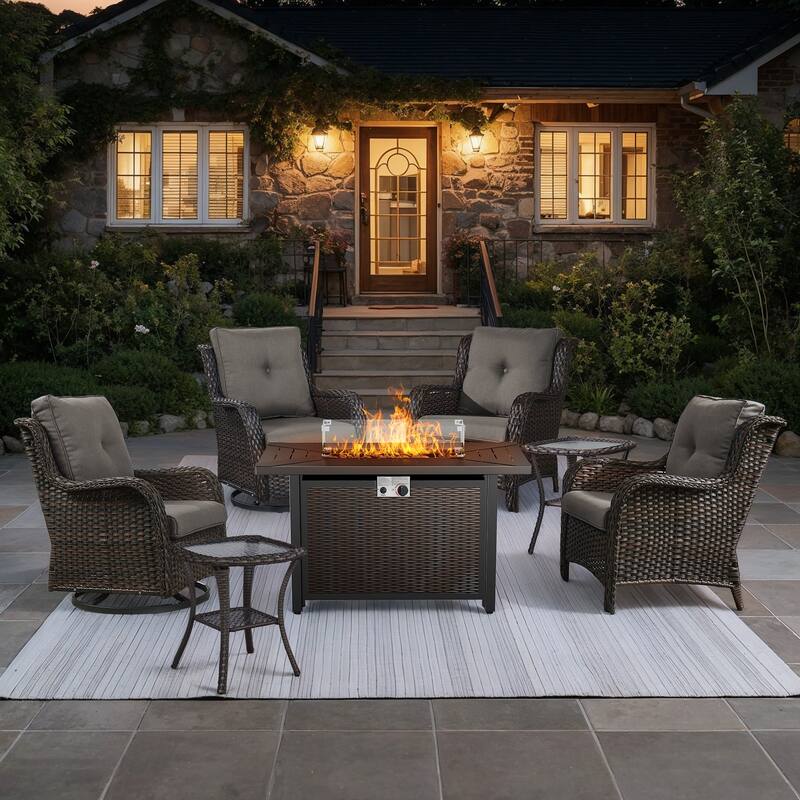 Gymojoy 7-Piece Outdoor Set with Fire Pit Table, Swivel Chairs & Side Tables for Patio - Brown Wicker / Grey Cusion - 7-Piece