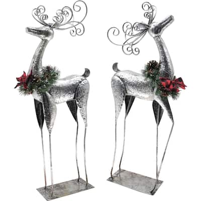 40"H Silver Whimsy Reindeer with Artificial Wreath, Set of 2