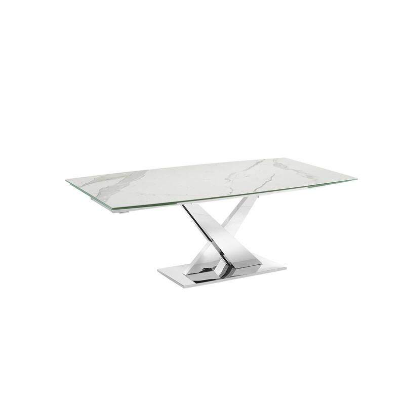 X Base Manual Dining Table with Stainless Base and Clear Top