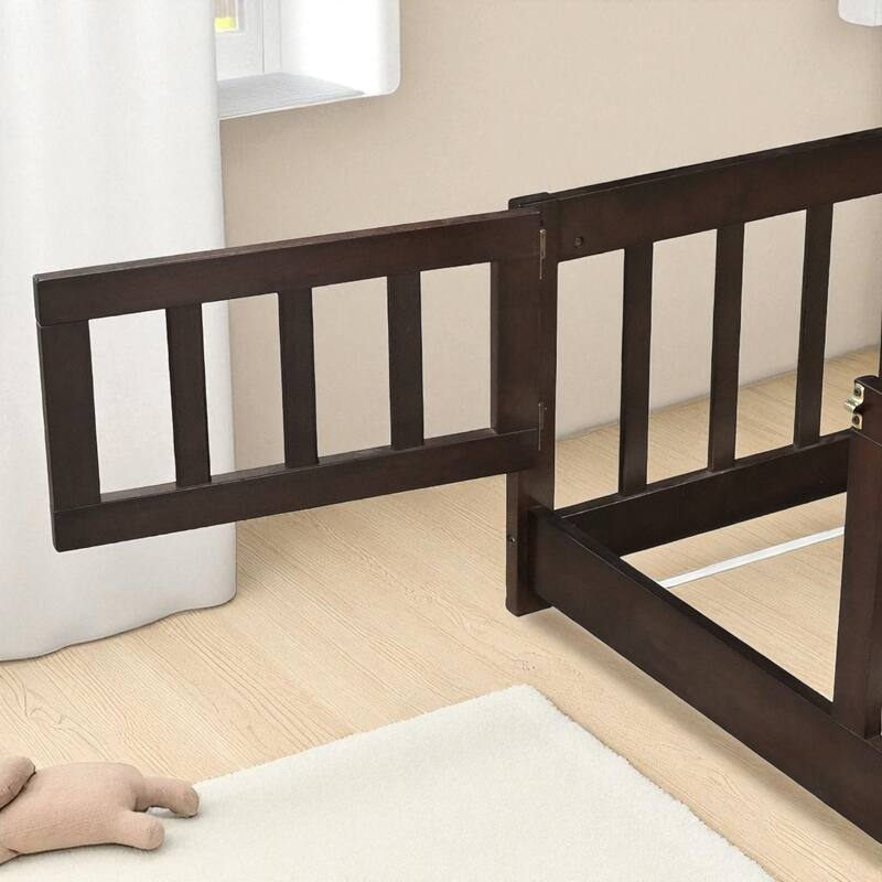 Full Size Rubber Wood Floor Bed with Fence, Door and Safety Guardrails for Kids