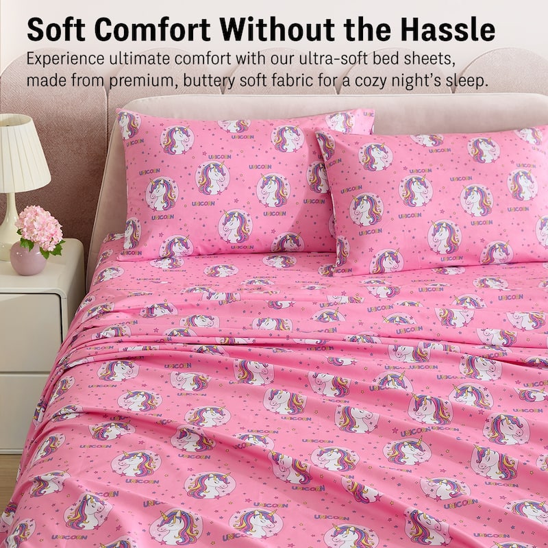 HLC.ME Printed Kids Bed Sheets - Patterned Bed Sheet Set - Wrinkle Resistant & Ultra Soft - For Mattresses up to 15 Inches Deep