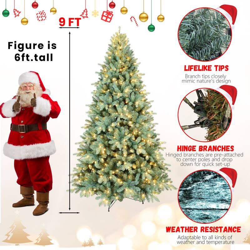 6FT Blue PE/PVC Christmas Tree with 350 Warm White LED Lights-1390 Tips, Hinged Branch Design, Full Natural Look