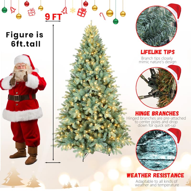 7FT Blue PE/PVC Christmas Tree with 500 Warm White LED Lights-1845 Tips, Hinged Branch Design, Full Natural Look