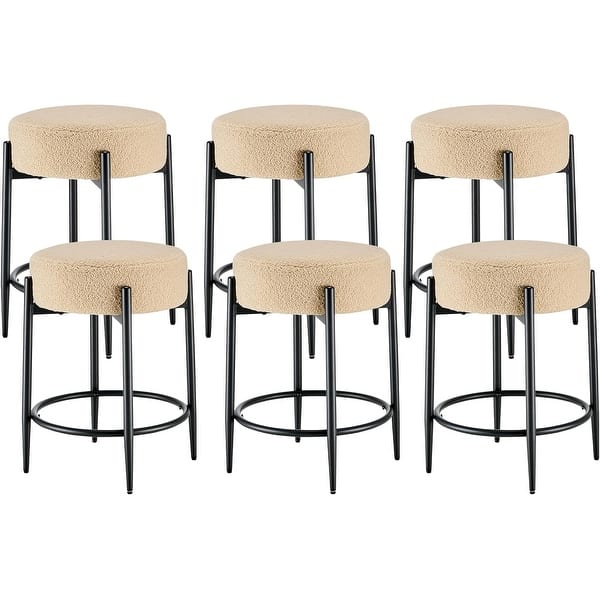 Set of 6 Modern Beige Boucle Backless Dining Chairs with Black Metal ...