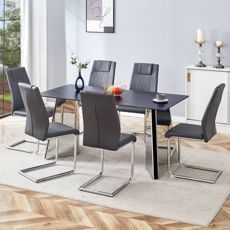 Table & Chairs Set with Dark Gray Chair, Butterfly Leg Dining Table - Dark Gray Silver