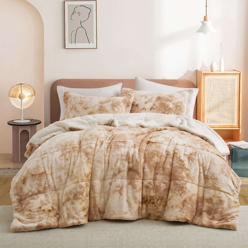 Dual-Side Fluffy Sherpa Comforter Set, Winter Plush Fuzzy Bedding Set