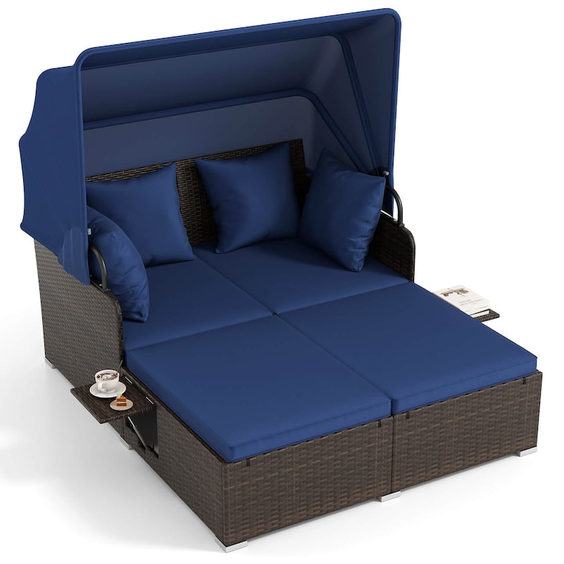 Costway Patio Rattan Daybed Lounge Retractable Top Canopy Side Tables - See Details