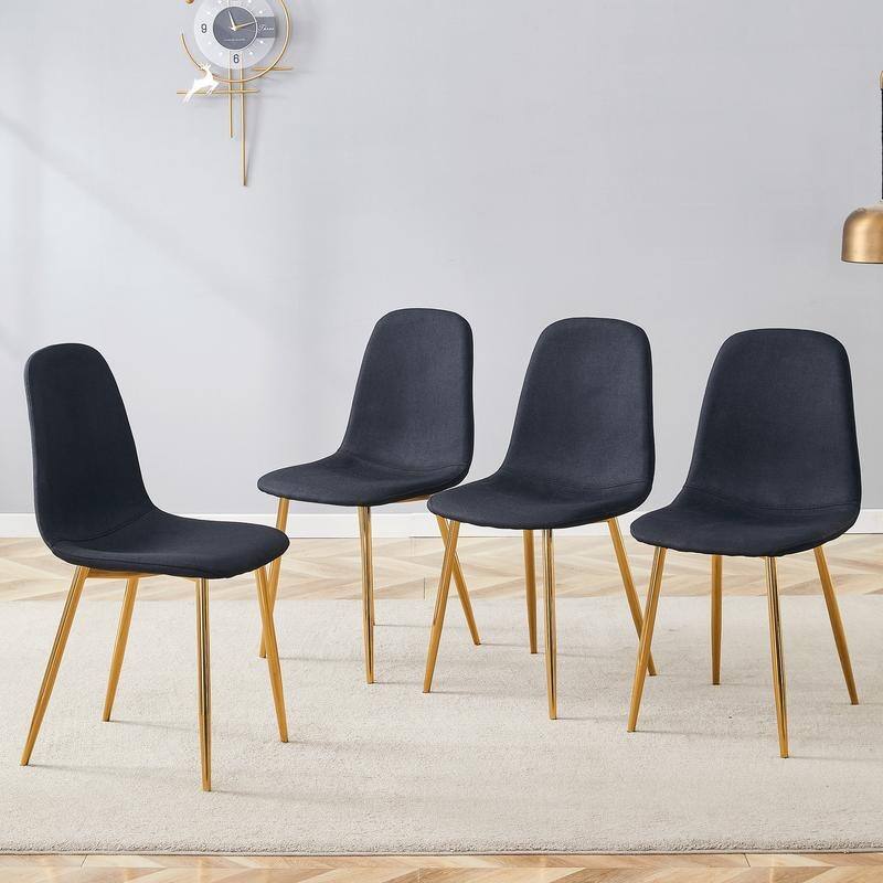 Set of 4 Modern Dining Chairs - Breathable Linen-Cotton Upholstery & Sturdy Integrated Metal Legs - Black+Gold