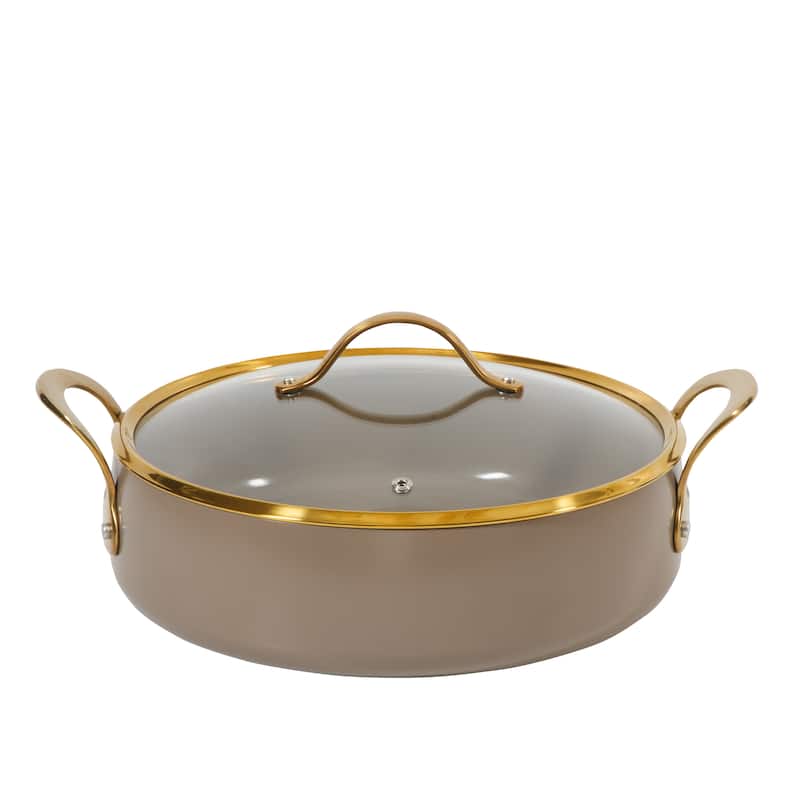 Bloomhouse Pots and Pans Heavy Duty Aluminum Premium PFA Free Ceramic Nonstick - Cappucino Cream with Gold Handle