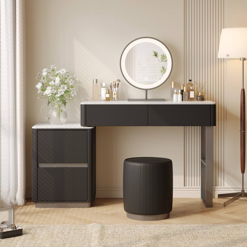 JASIWAY Modern Solid Wood Telescopic Makeup Vanity Desk - Black - 4-drawer