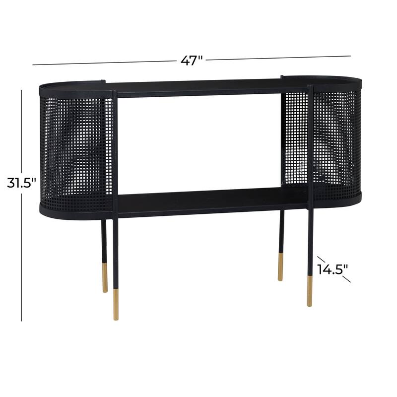 Black Metal Mesh Side Panel 1 Shelf Console Table with Open Center Storage