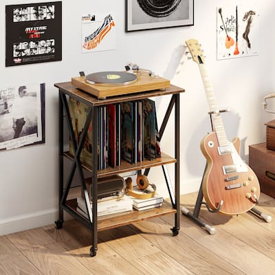 3-Tier Record Player Stand with Charging Station and Adjustable Shelf