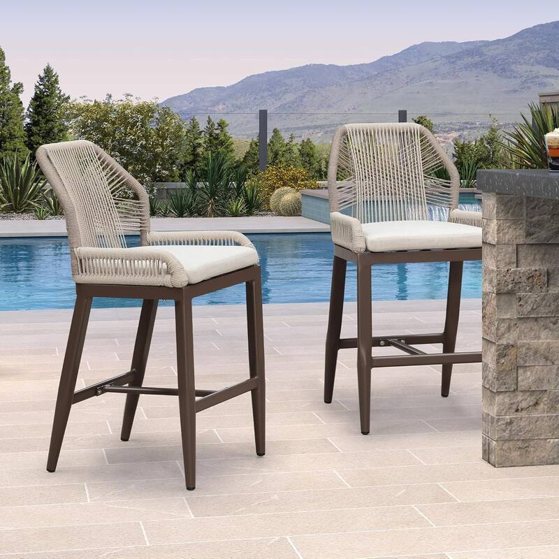 PURPLE LEAF Outdoor Bar Stools Chair Set of 2, All Weather Rattan and Aluminum Patio Bar Stool with Cushion - Coffee-counter stool