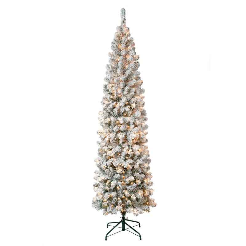 National Tree Company 7.5 ft. Acacia Pencil Slim Flocked Tree with Clear Lights - 7.5 Foot