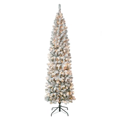 National Tree Company 7.5 ft. Acacia Pencil Slim Flocked Tree with Clear Lights - 7.5 Foot