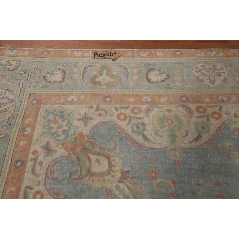 Blue Tabriz Persian Vintage Rug Hand-Knotted Wool Carpet - 9'9" x 13'1"