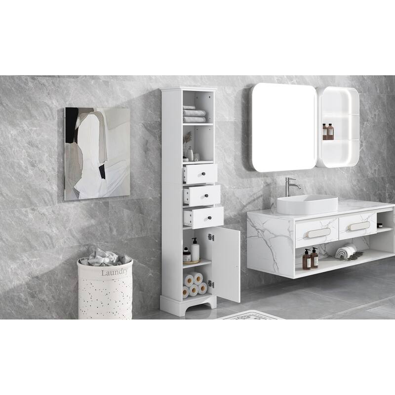 White Tall Bathroom Cabinet, Freestanding Storage Cabinet with 3 Drawers and Adjustable Shelf Minimalist Storage Cabinet