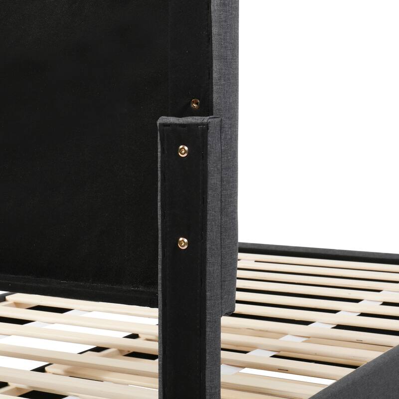 Upholstered Platform Bed Captain Bed with Trundle and 3 Drawers, Vertical Striped Linen Headboard and Footboard Slats Support