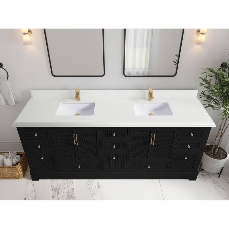 Willow Collections 84 in. W x 22 in. D Alys Double Bowl Sink Bathroom Vanity with Countertop - 1.5"White - Black