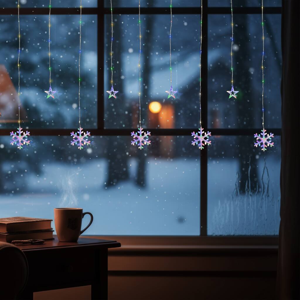 250 Multi LED Star Snowflake Window Curtain Lights 16ft Clear Wire