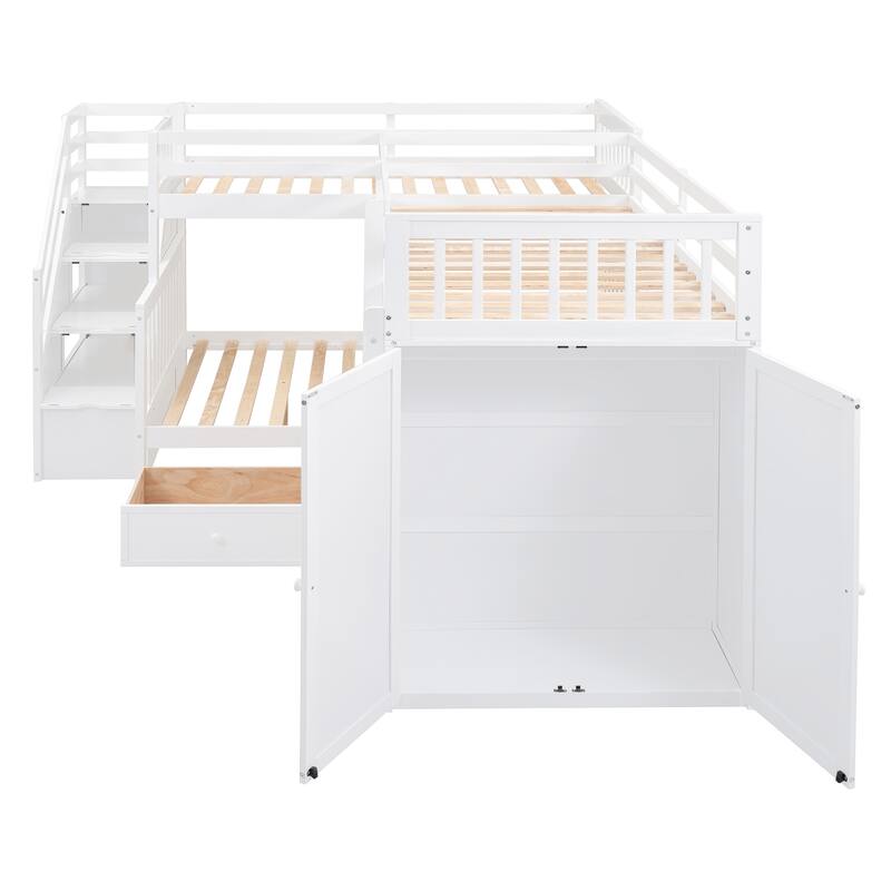 L-Shaped Twin Over Full Bunk Bed with Drawers, Desk, and Wardrobe, White