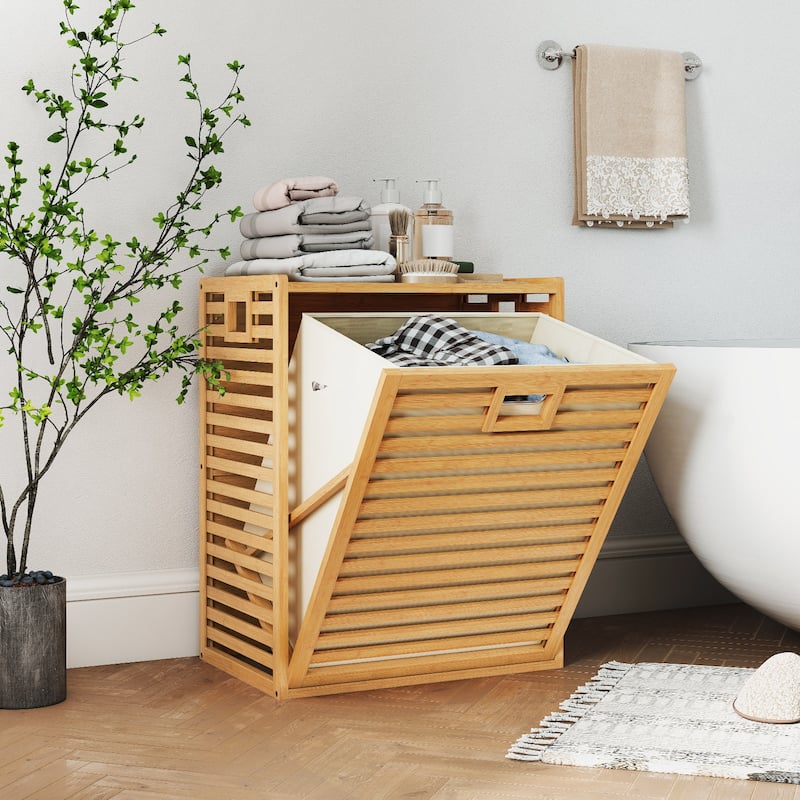 Gymax Large Tilt-out Laundry Hamper w/ Wide Top & Tilt-out Basket Side