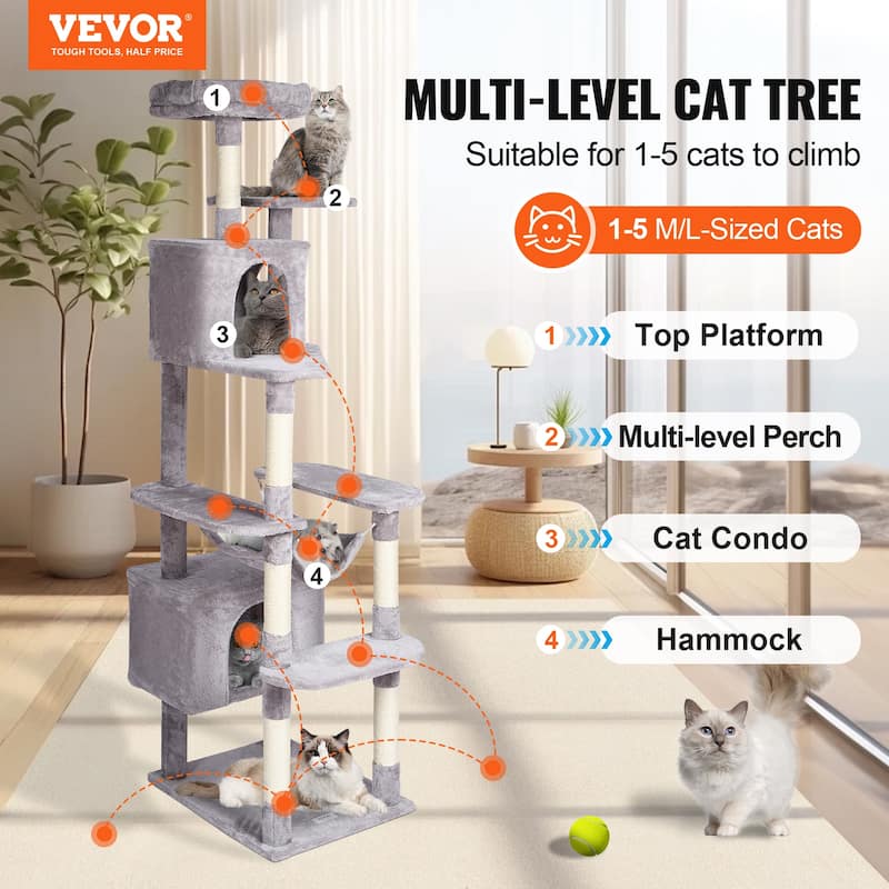 Cat Tree for Indoor Cats, 72" Cat Tower with 2 Cat Condos, Sisal Scratching Post, Hammock, Top Perch, Jumping Platforms