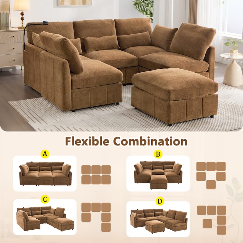 Modular Sectional Sofa with Movable Ottoman Convertible L-Shape or U-Shape Sofa Bed Built-in USB Charging Ports and Phone Holder