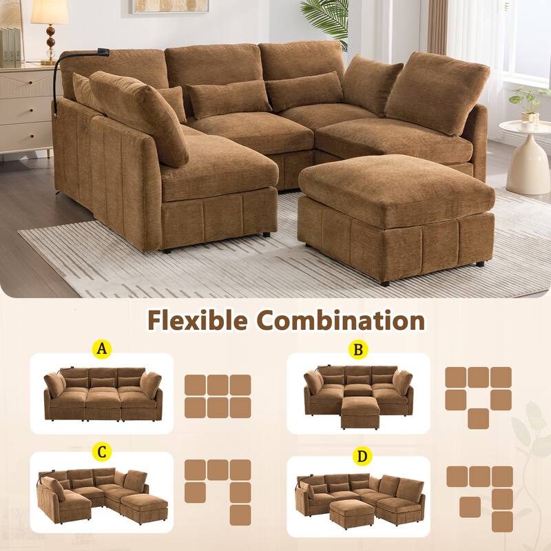 U Shaped Modular Sectional Sofa with Movable Ottoman, Chenille Upholstered 5-Seater Sofa with 2 USB Ports & Phone Holder